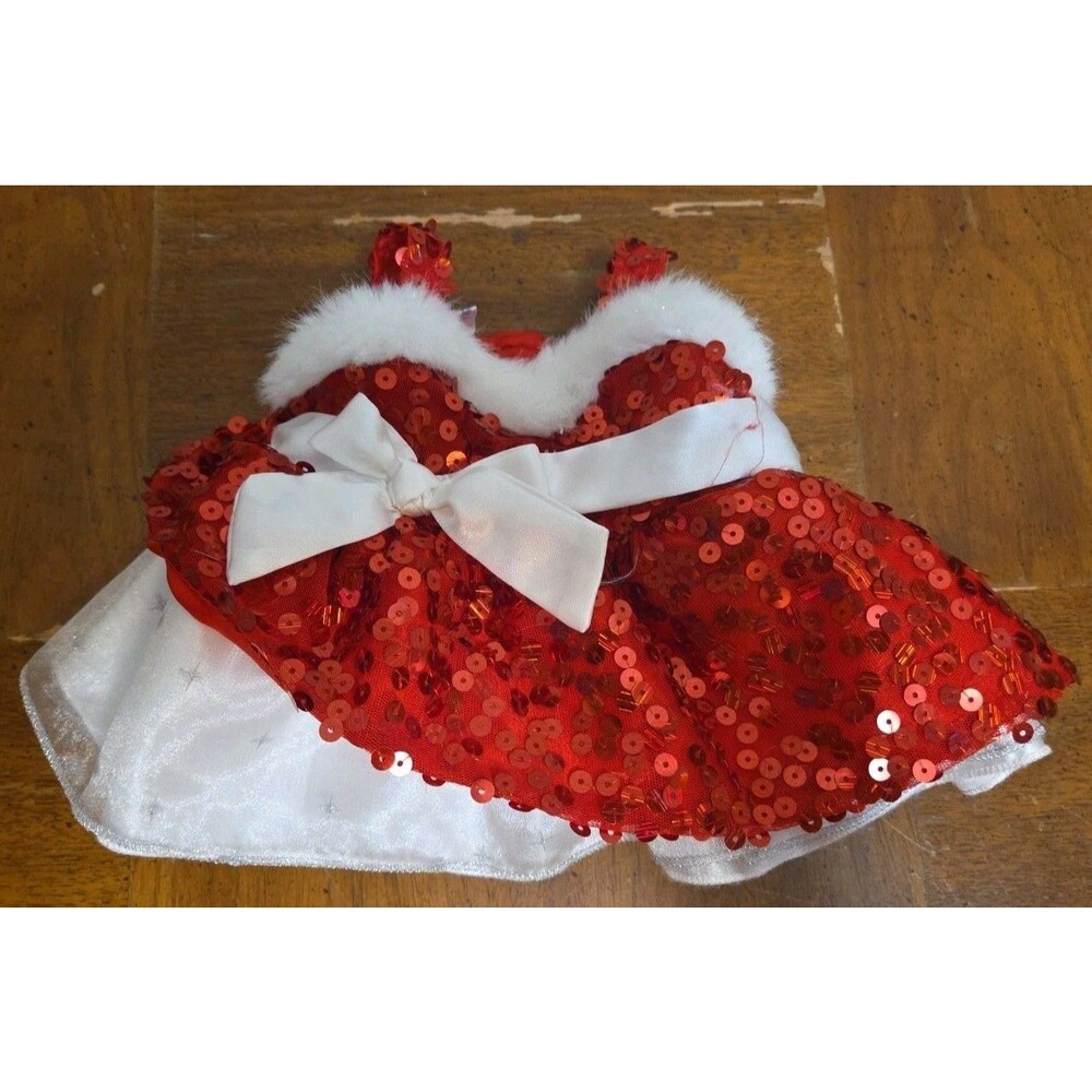 Build A Bear Red Sequined Dress White Christmas Fur Teddy Clothes Outfit